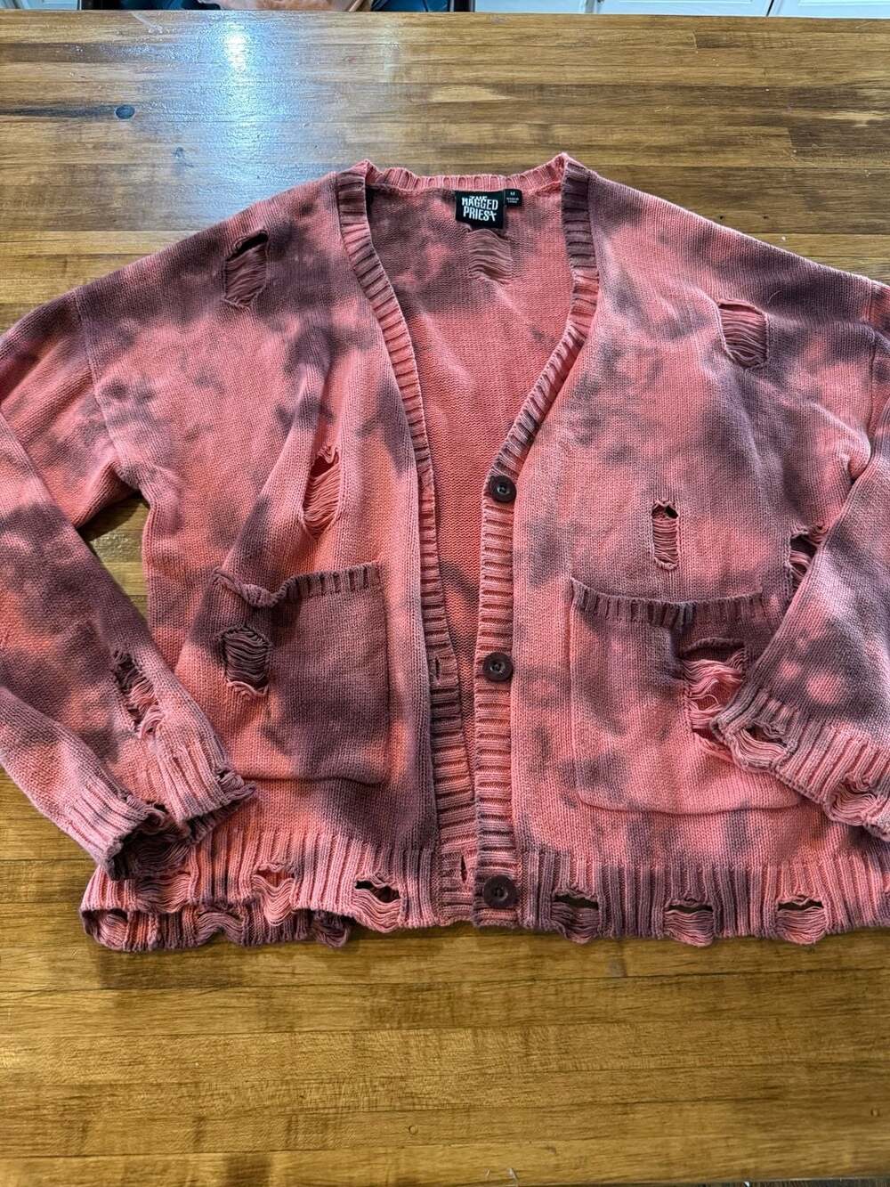 The Ragged Priest Pink Tie-Dye Distressed Cardigan (01)